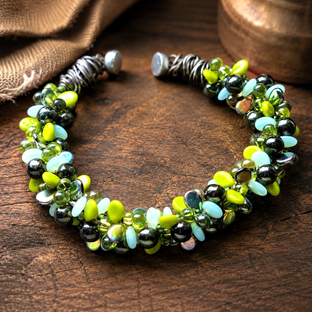 Handmade Kumihimo Bracelet Green Czech Glass Mixed Beads Magnetic Clasp